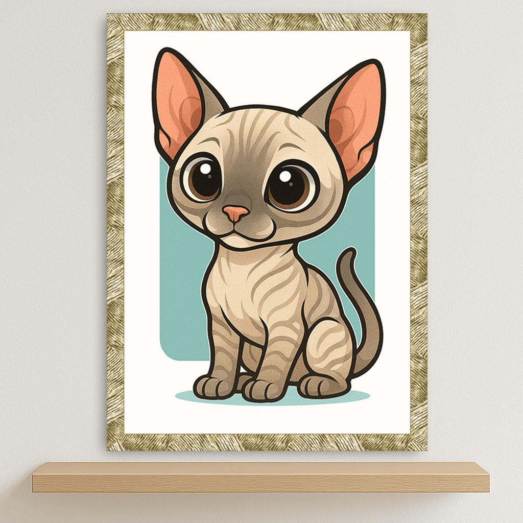 Sphynx in stile Chibi stampato su forex, cornice oro, disponibile in 30x40, 40x50 e 50x70 cm