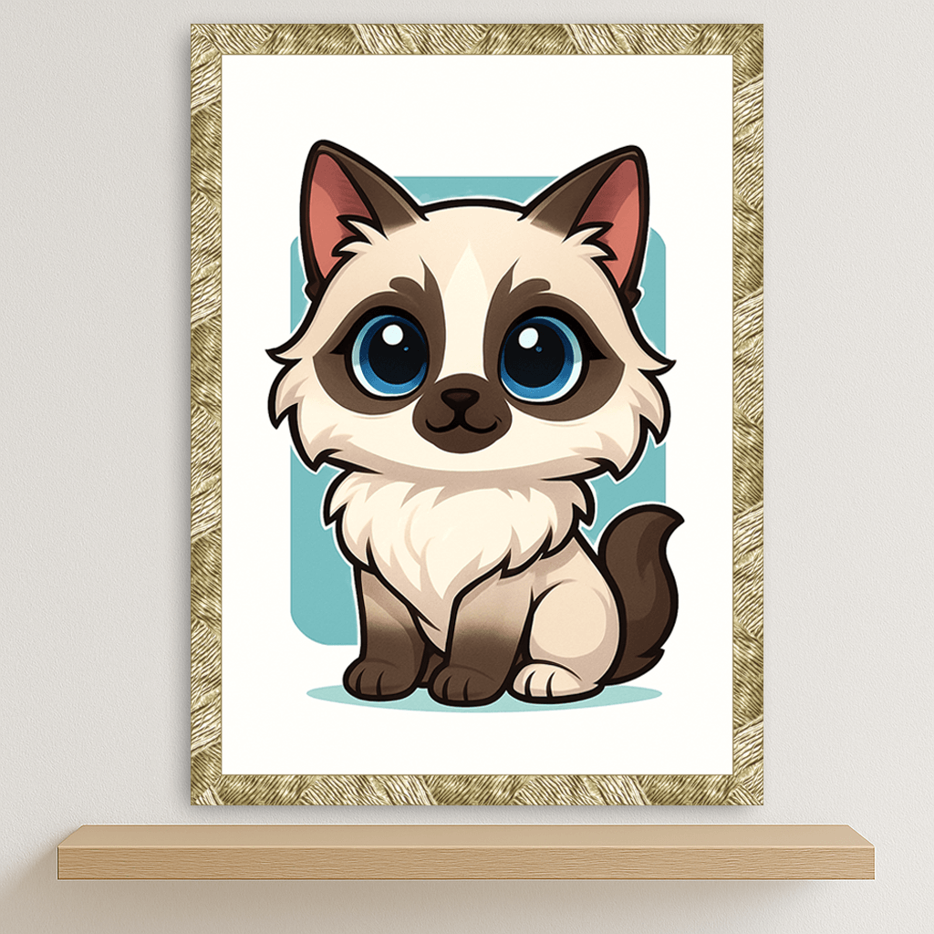 Ragdoll in stile Chibi stampato su forex, cornice oro, disponibile in 30x40, 40x50 e 50x70 cm