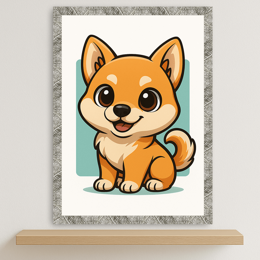 Shiba Inu in stile Chibi stampato su forex, cornice argento, disponibile in 30x40, 40x50 e 50x70 cm