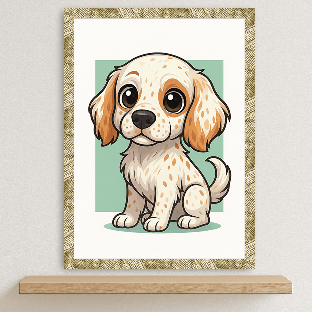 Setter Inglese in stile Chibi stampato su forex, cornice oro, disponibile in 30x40, 40x50 e 50x70 cm