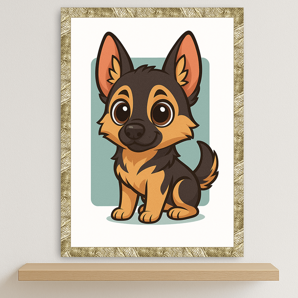 Pastore Tedesco in stile Chibi stampato su forex, cornice oro, disponibile in 30x40, 40x50 e 50x70 cm