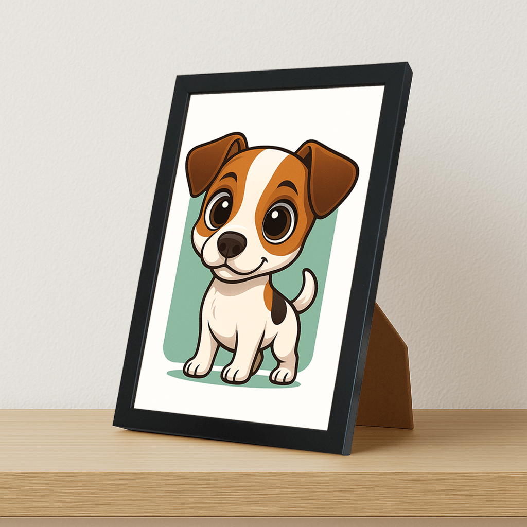Jack Russell Terrier in stile Chibi stampato su forex, cornice portafoto nero, misura 21x29.7