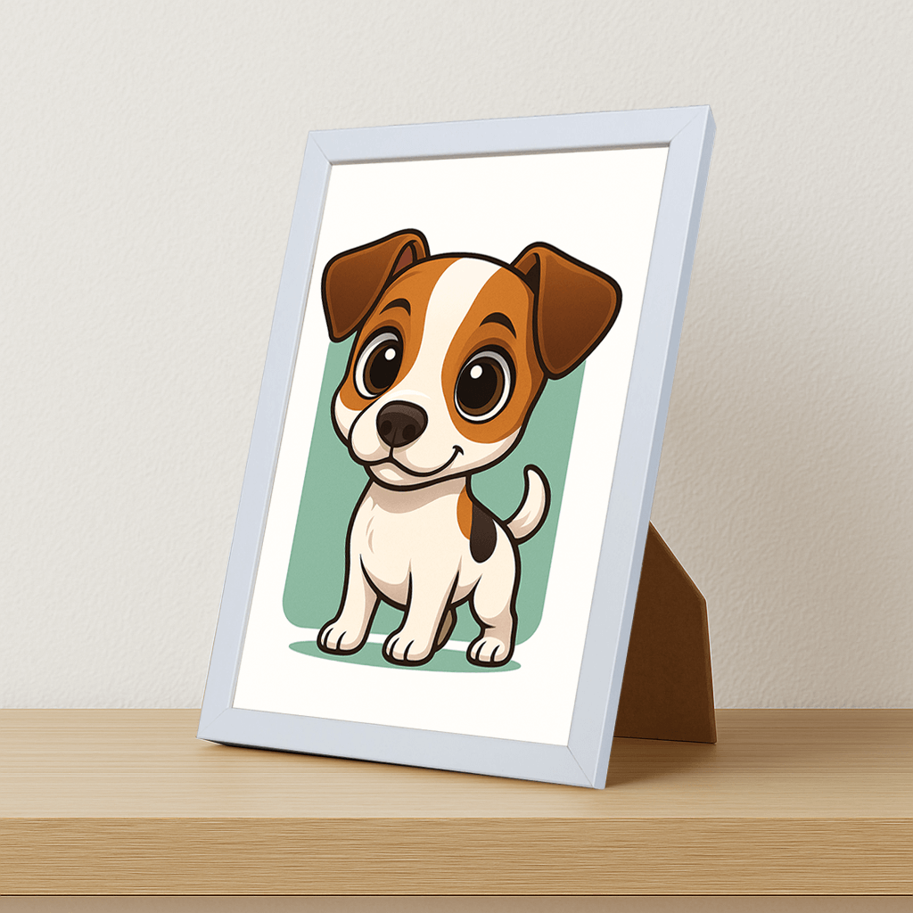 Jack Russell Terrier in stile Chibi stampato su forex, cornice portafoto bianco, misura 21x29.7