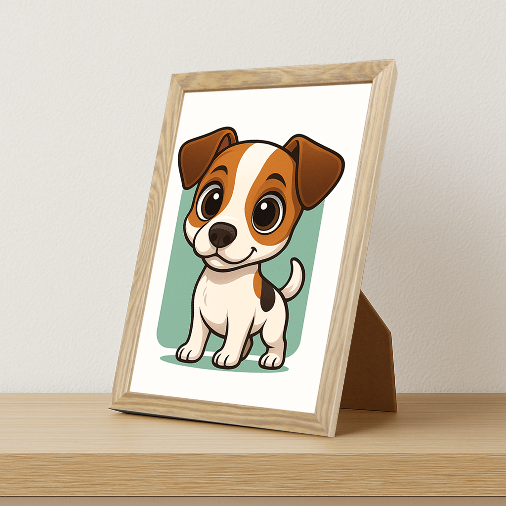 Jack Russell Terrier in stile Chibi stampato su forex, cornice portafoto legno, misura 21x29.7