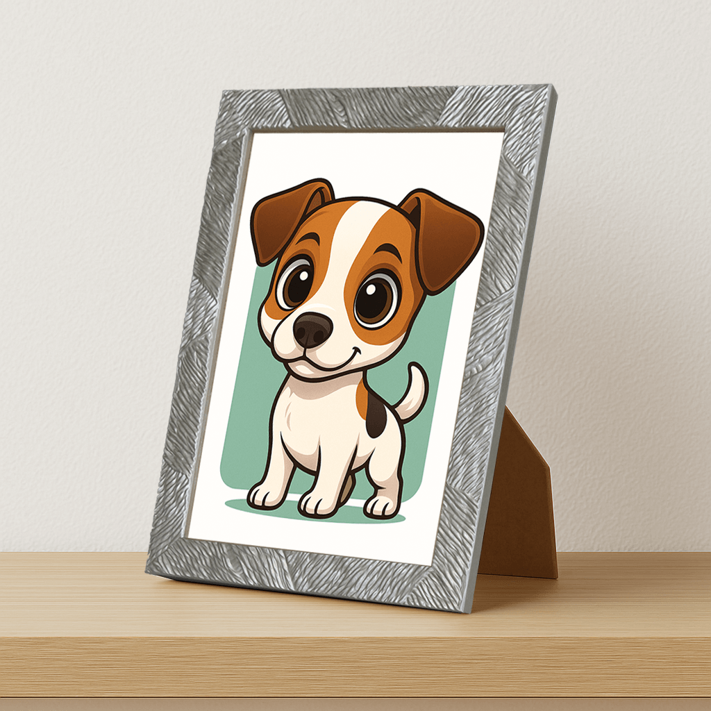Jack Russell Terrier in stile Chibi stampato su forex, cornice portafoto argento, misura 21x29.7
