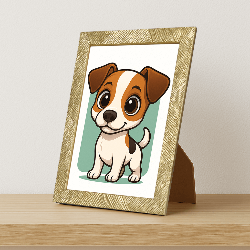 Jack Russell Terrier in stile Chibi stampato su forex, cornice portafoto oro, misura 21x29.7