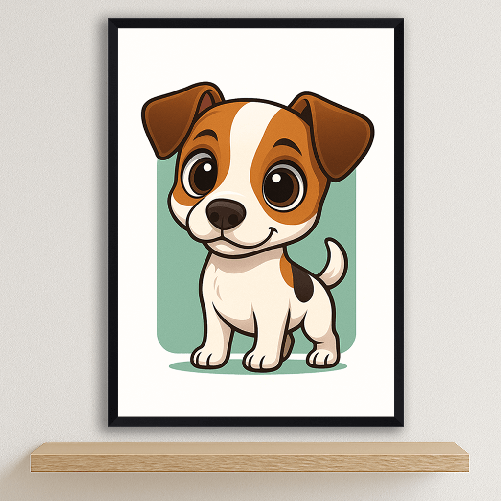 Jack Russell Terrier in stile Chibi stampato su forex, cornice nero, disponibile in 30x40, 40x50 e 50x70 cm