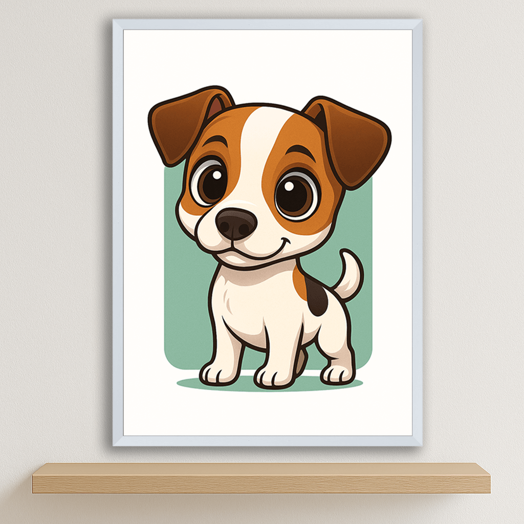 Jack Russell Terrier in stile Chibi stampato su forex, cornice bianco, disponibile in 30x40, 40x50 e 50x70 cm