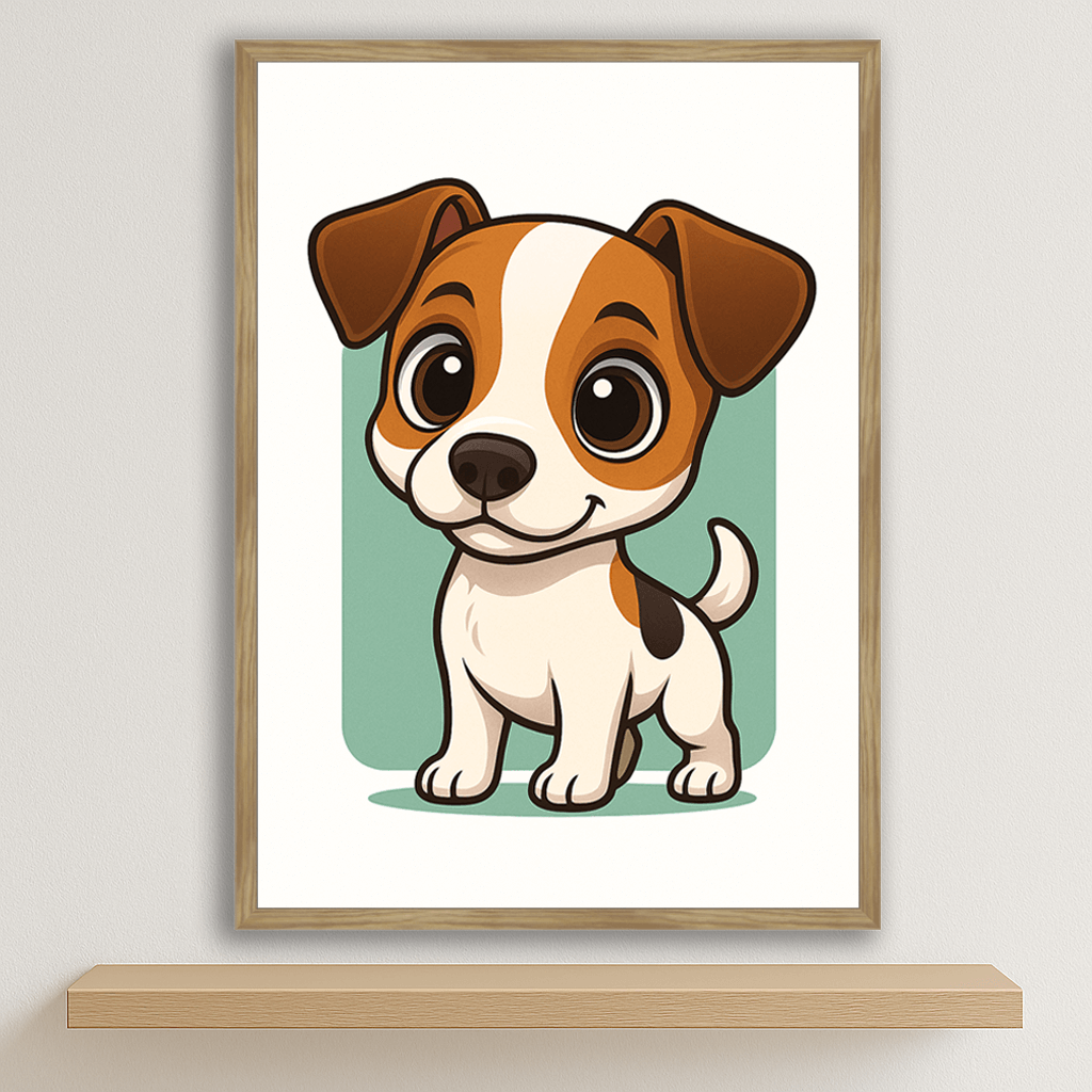 Jack Russell Terrier in stile Chibi stampato su forex, cornice legno, disponibile in 30x40, 40x50 e 50x70 cm
