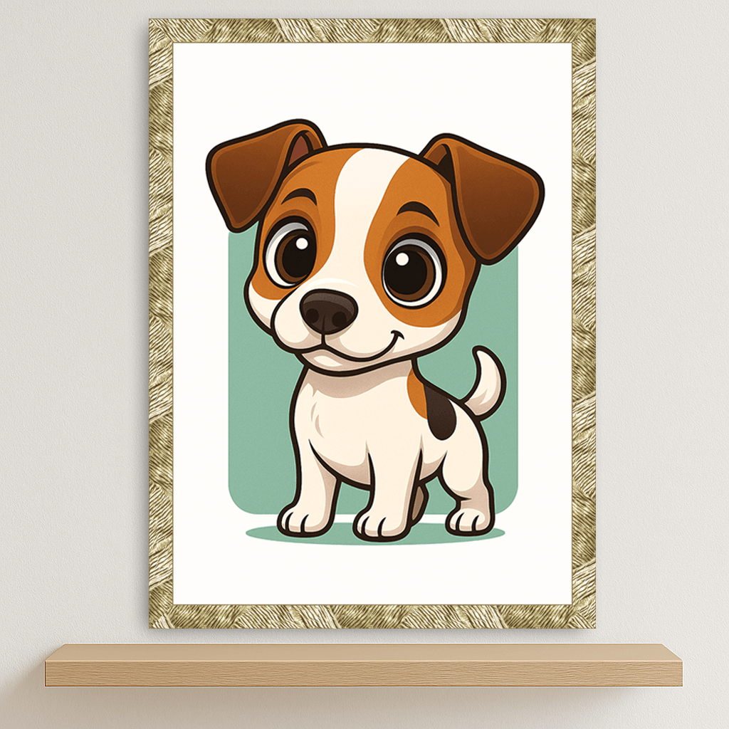 Jack Russell Terrier in stile Chibi stampato su forex, cornice oro, disponibile in 30x40, 40x50 e 50x70 cm