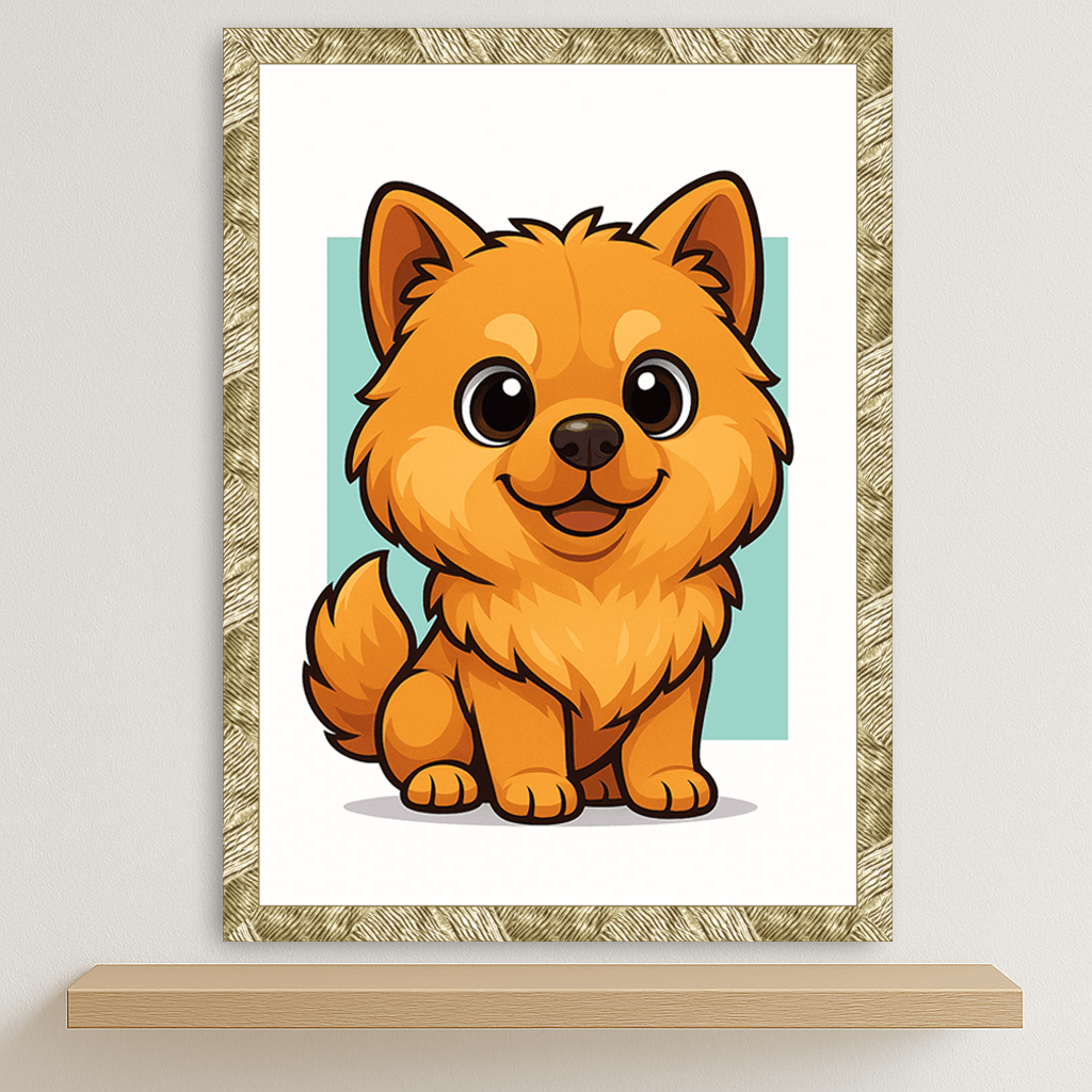 Chow Chow in stile Chibi stampato su forex, cornice oro, disponibile in 30x40, 40x50 e 50x70 cm