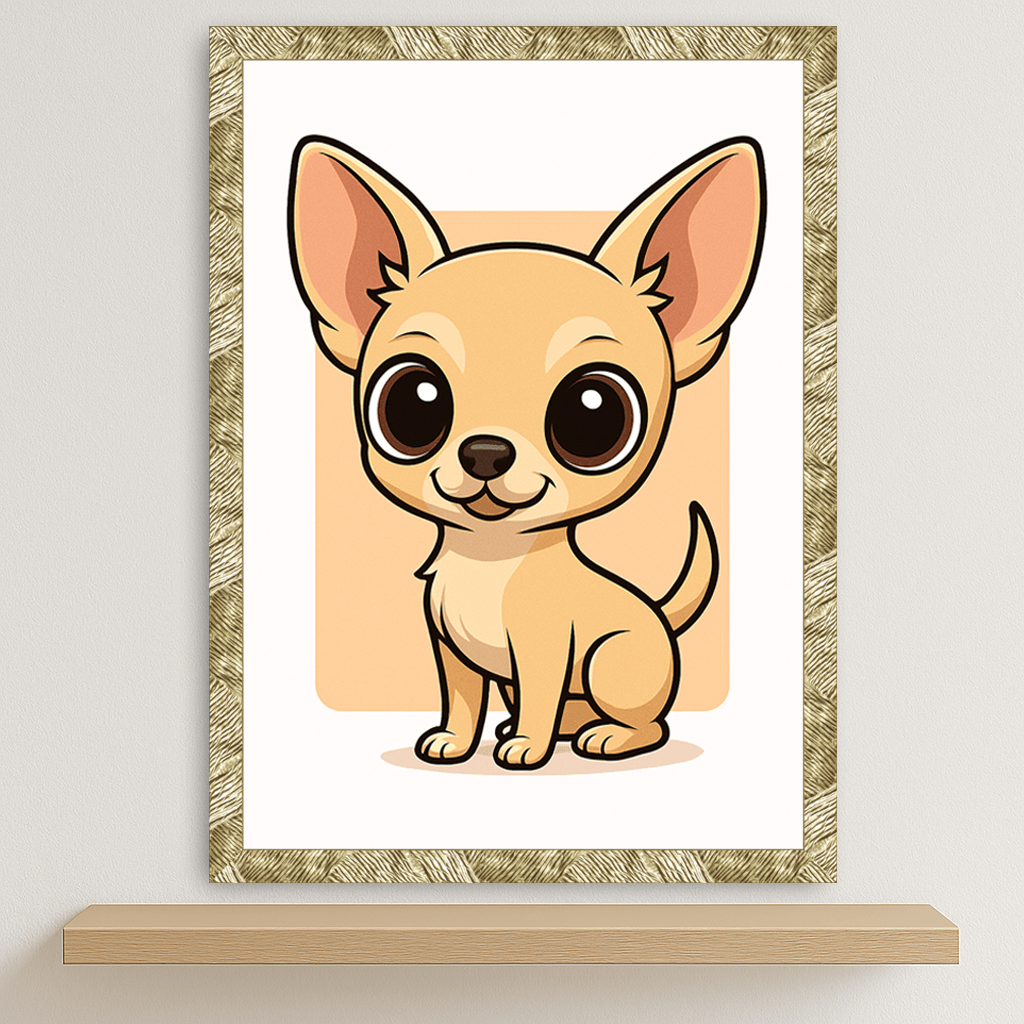 Chihuahua in stile Chibi stampato su forex, cornice oro, disponibile in 30x40, 40x50 e 50x70 cm