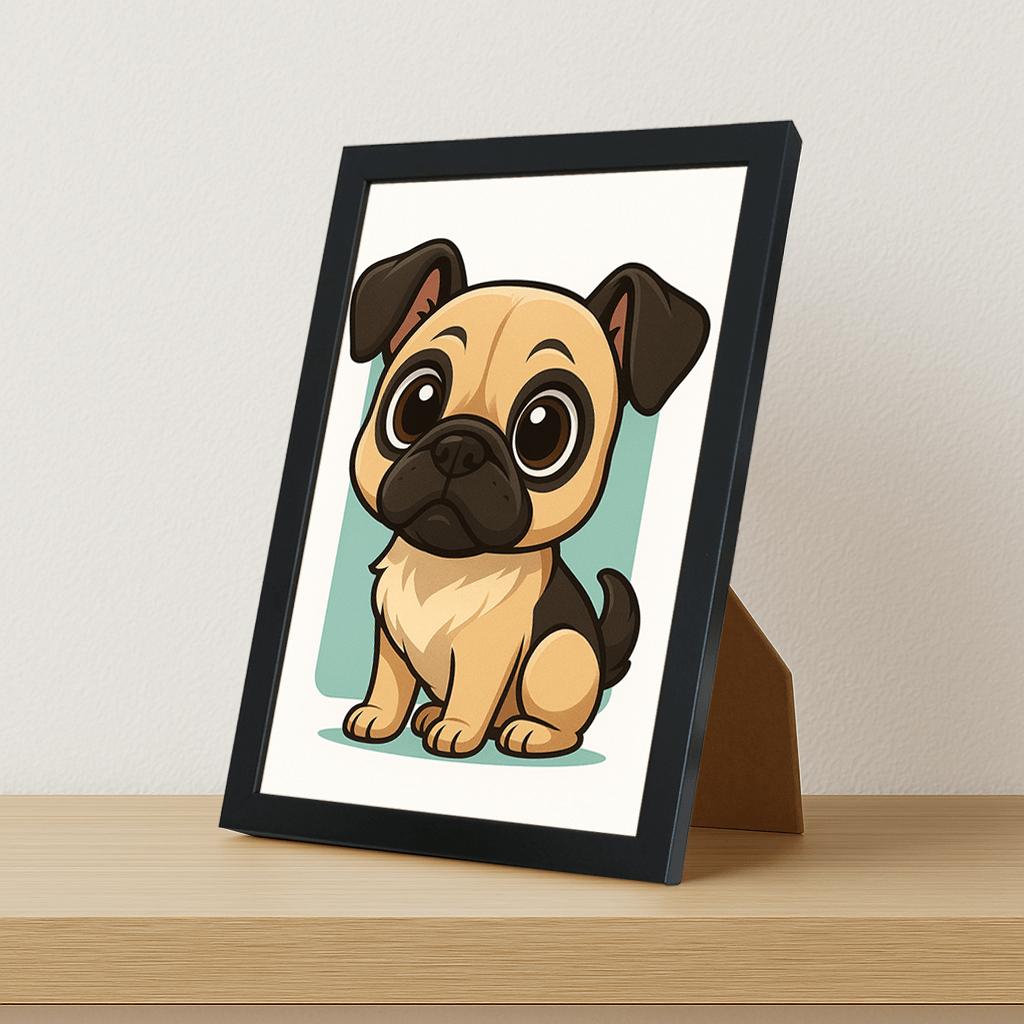 Carlino in stile Chibi stampato su forex, cornice portafoto nero, misura 21x29.7