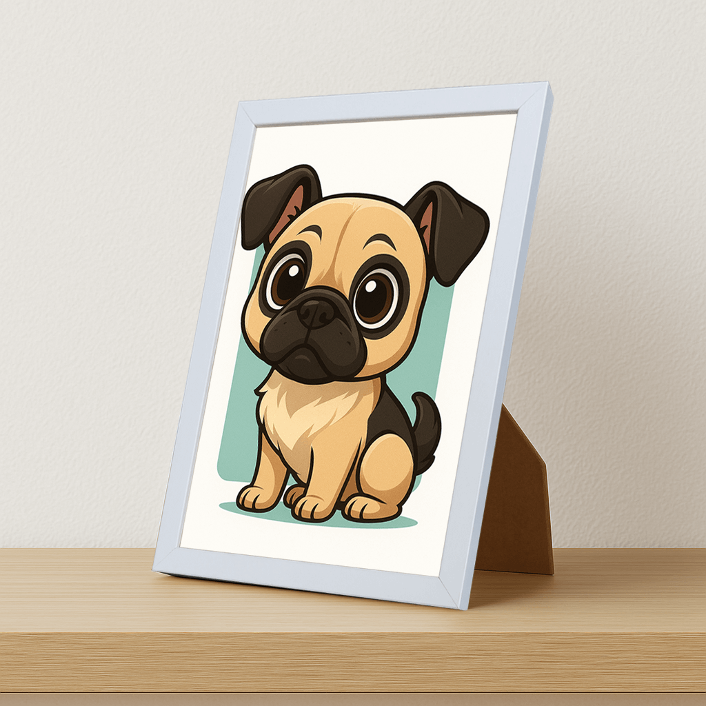 Carlino in stile Chibi stampato su forex, cornice portafoto bianco, misura 21x29.7