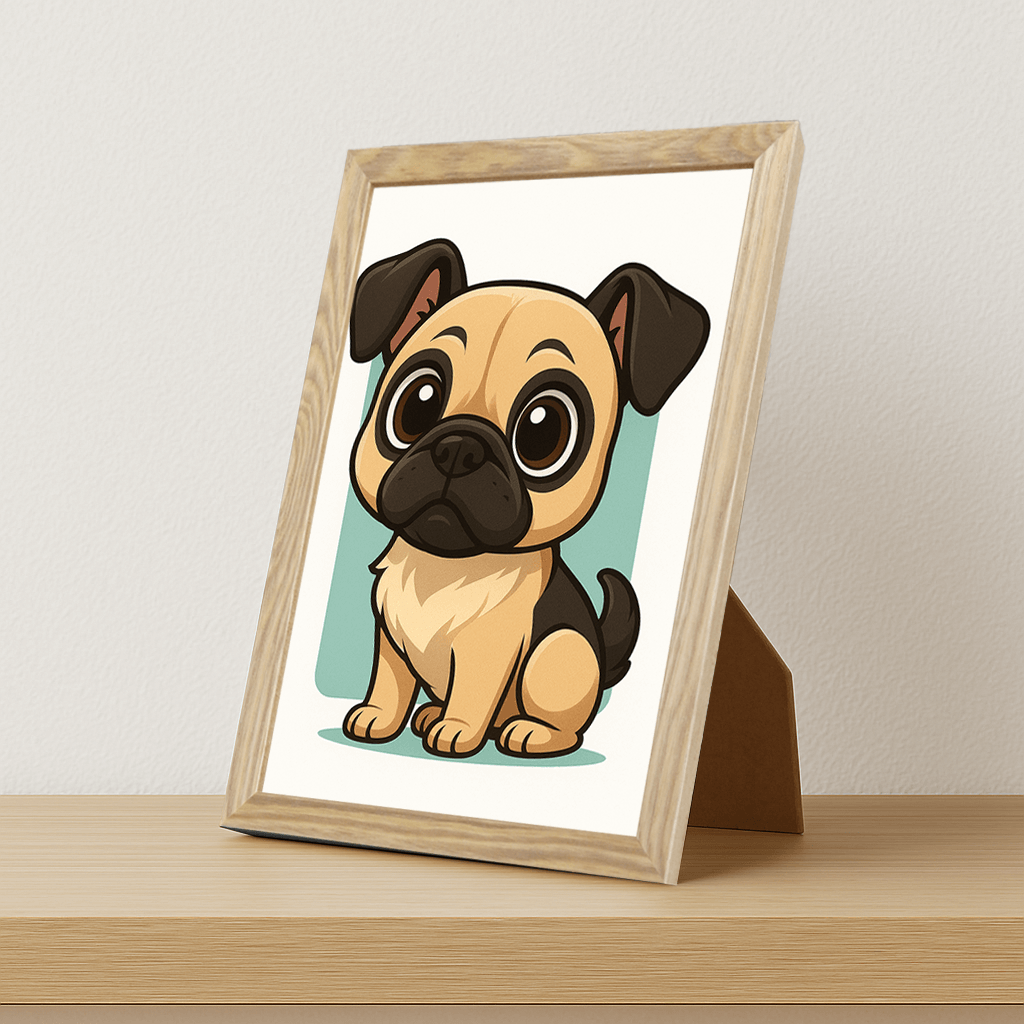 Carlino in stile Chibi stampato su forex, cornice portafoto legno, misura 21x29.7