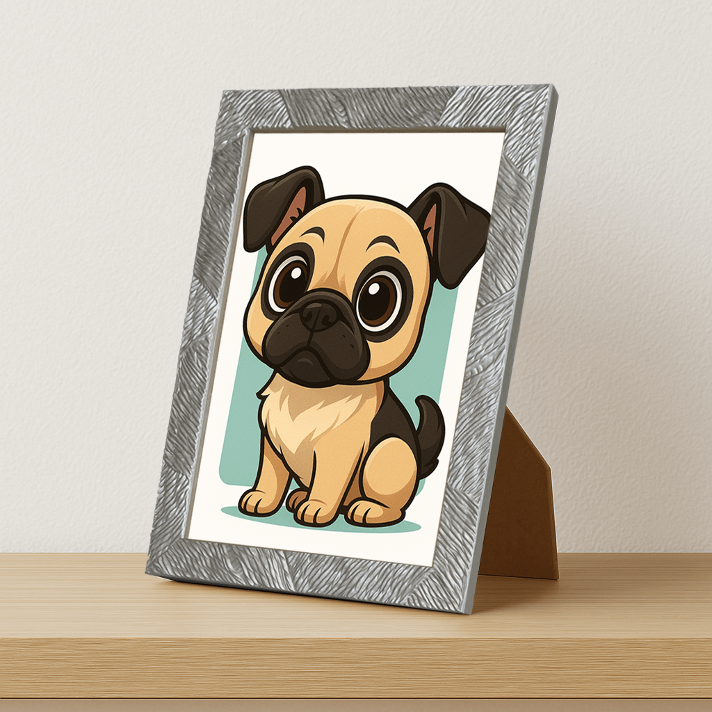 Carlino in stile Chibi stampato su forex, cornice portafoto argento, misura 21x29.7