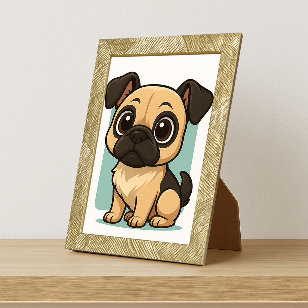 Carlino in stile Chibi stampato su forex, cornice portafoto oro, misura 21x29.7