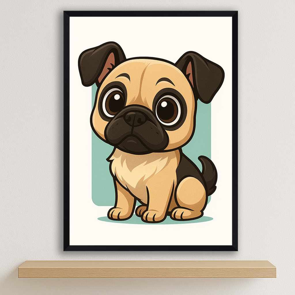 Carlino in stile Chibi stampato su forex, cornice nero, disponibile in 30x40, 40x50 e 50x70 cm
