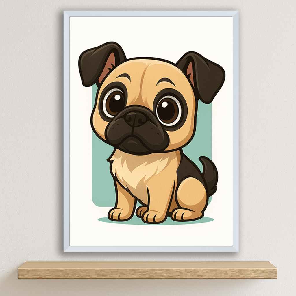 Carlino in stile Chibi stampato su forex, cornice bianco, disponibile in 30x40, 40x50 e 50x70 cm