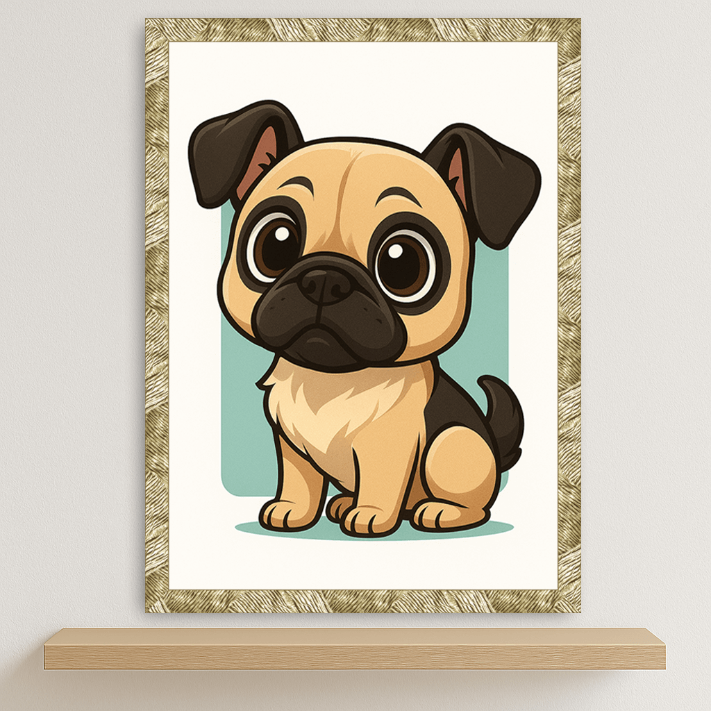 Carlino in stile Chibi stampato su forex, cornice oro, disponibile in 30x40, 40x50 e 50x70 cm