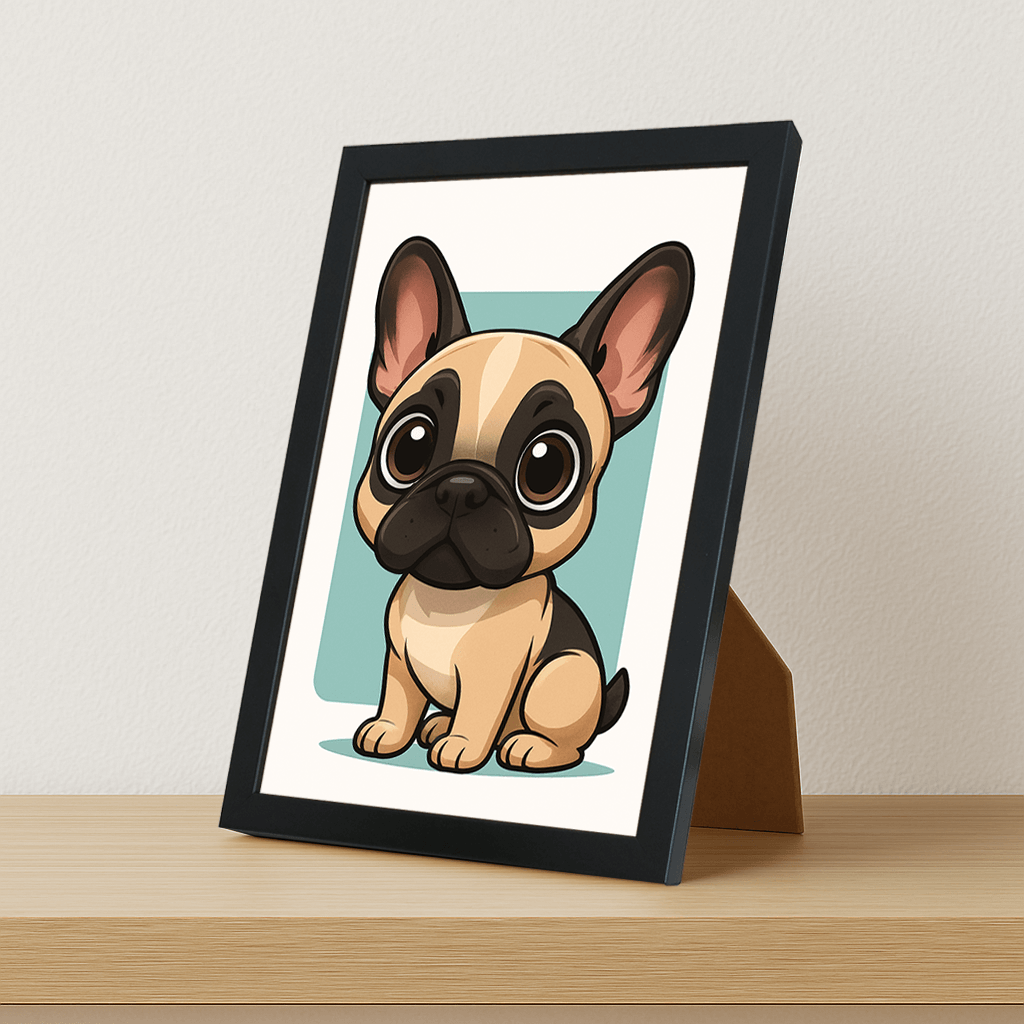 Bulldog Francese in stile Chibi stampato su forex, cornice portafoto nero, misura 21x29.7