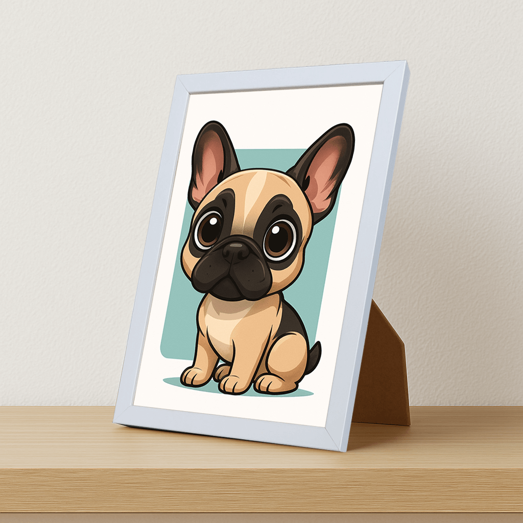 Bulldog Francese in stile Chibi stampato su forex, cornice portafoto bianco, misura 21x29.7