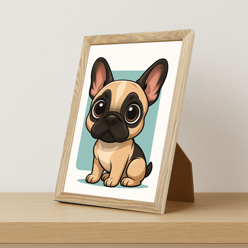 Bulldog Francese in stile Chibi stampato su forex, cornice portafoto legno, misura 21x29.7