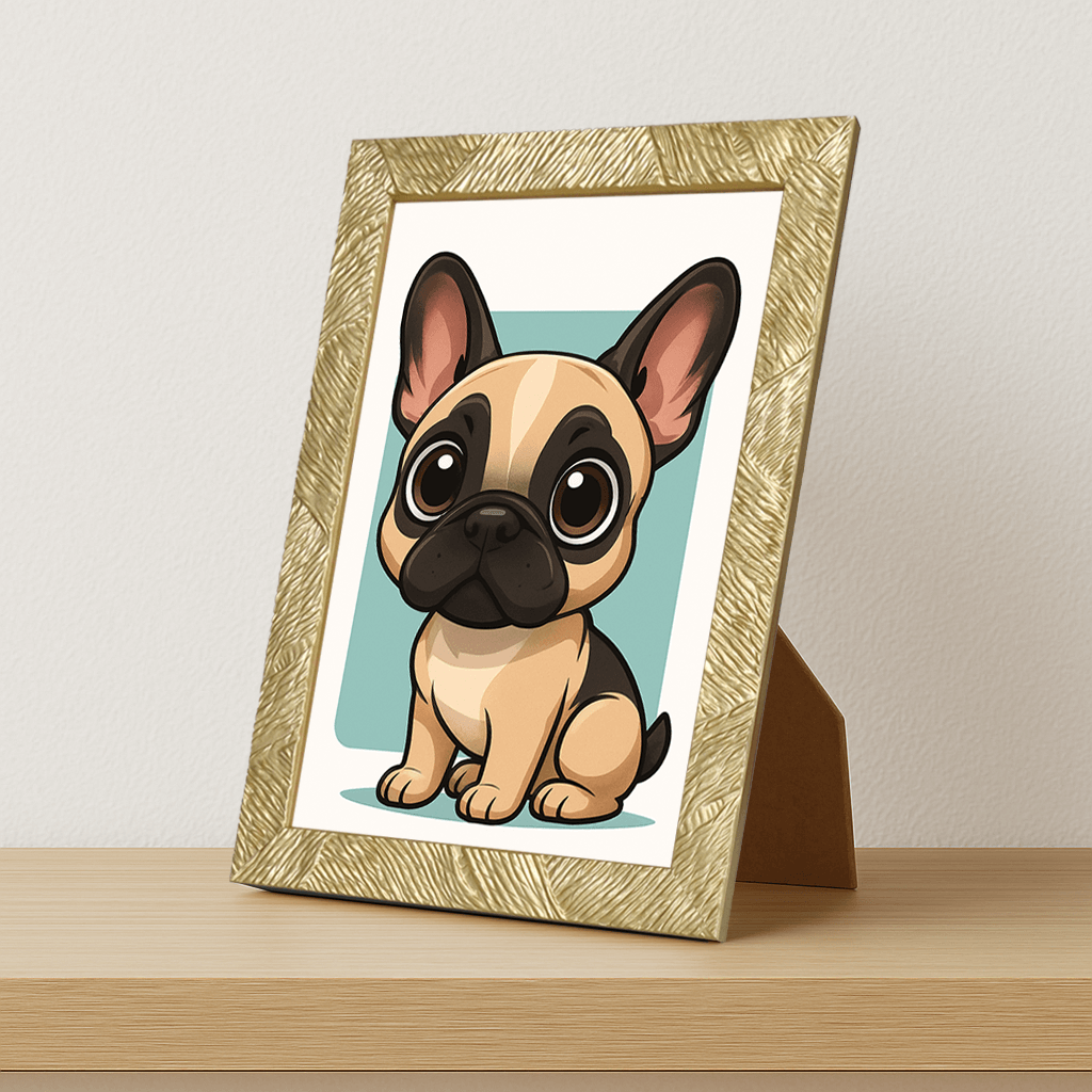 Bulldog Francese in stile Chibi stampato su forex, cornice portafoto oro, misura 21x29.7