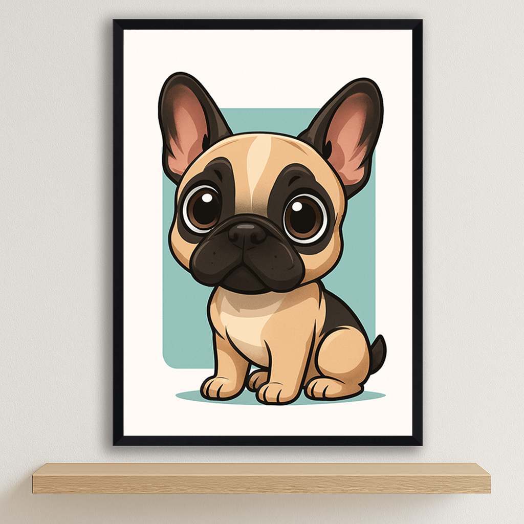 Bulldog Francese in stile Chibi stampato su forex, cornice nero, disponibile in 30x40, 40x50 e 50x70 cm