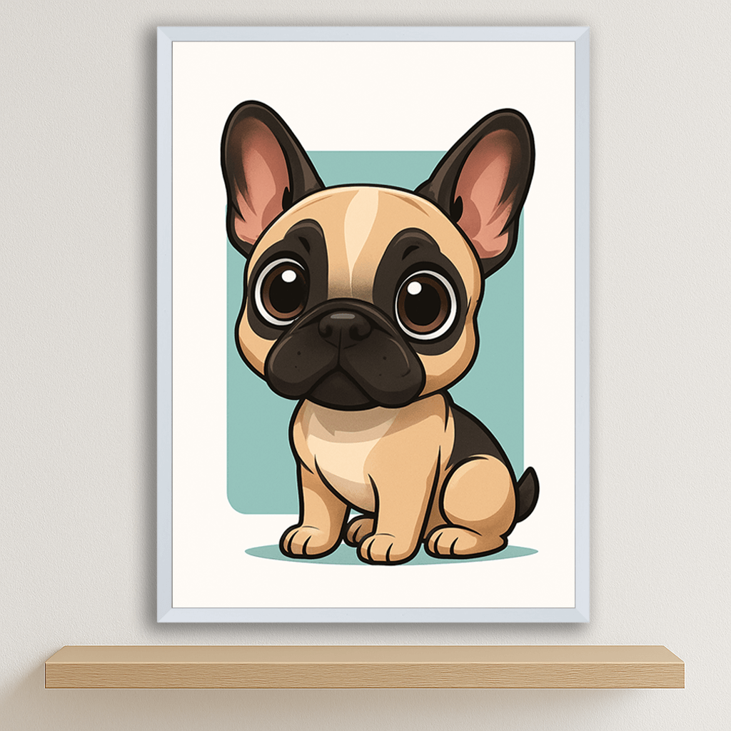 Bulldog Francese in stile Chibi stampato su forex, cornice bianco, disponibile in 30x40, 40x50 e 50x70 cm