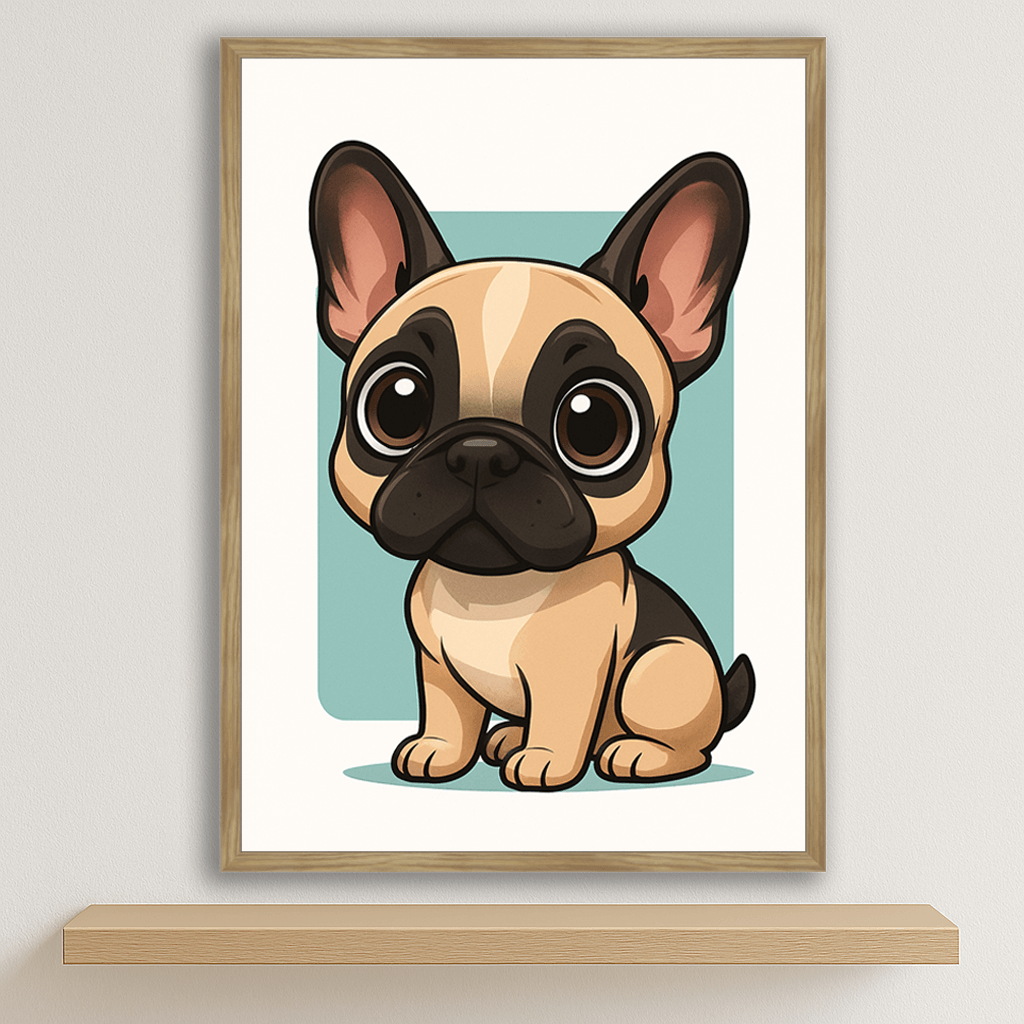 Bulldog Francese in stile Chibi stampato su forex, cornice legno, disponibile in 30x40, 40x50 e 50x70 cm