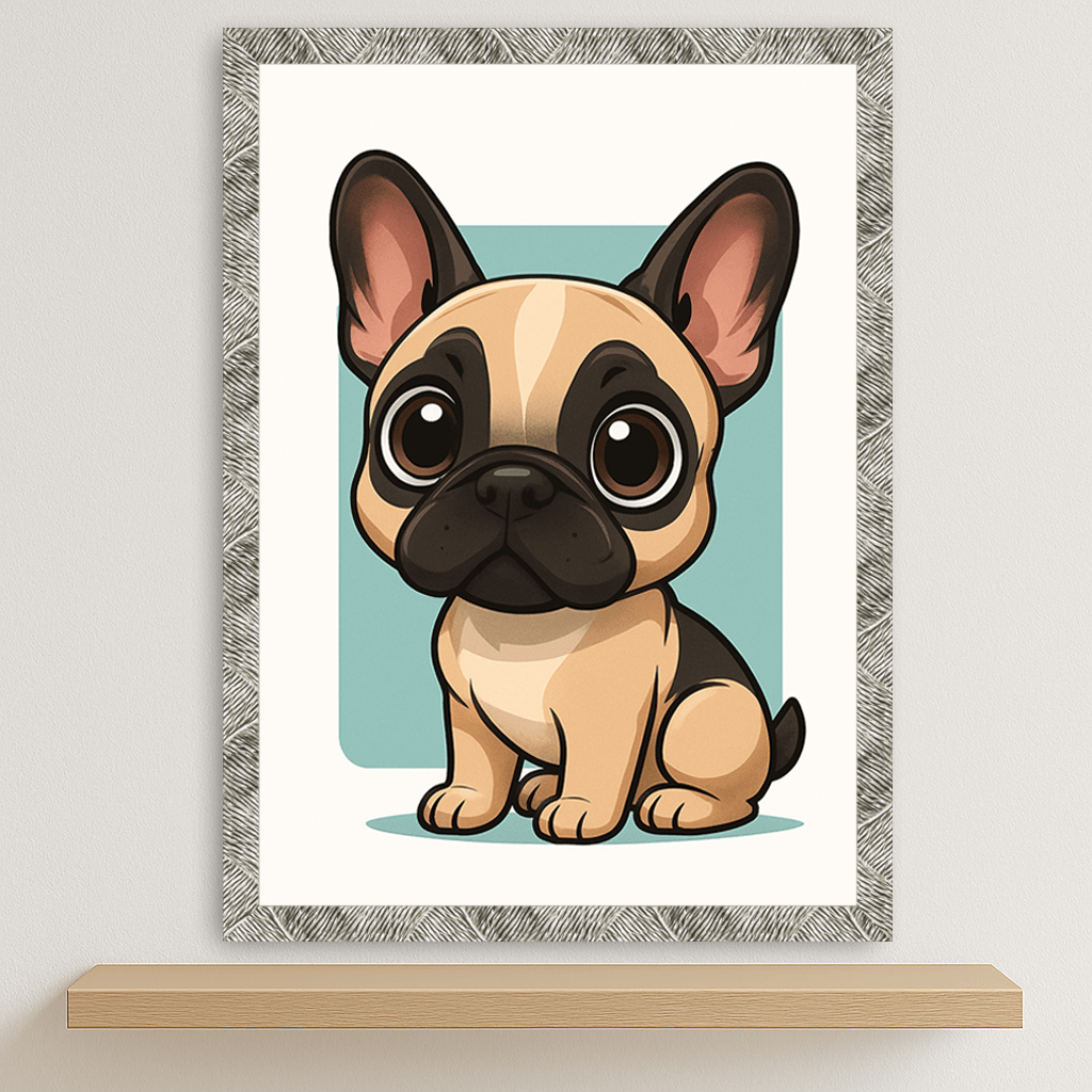Bulldog Francese in stile Chibi stampato su forex, cornice argento, disponibile in 30x40, 40x50 e 50x70 cm