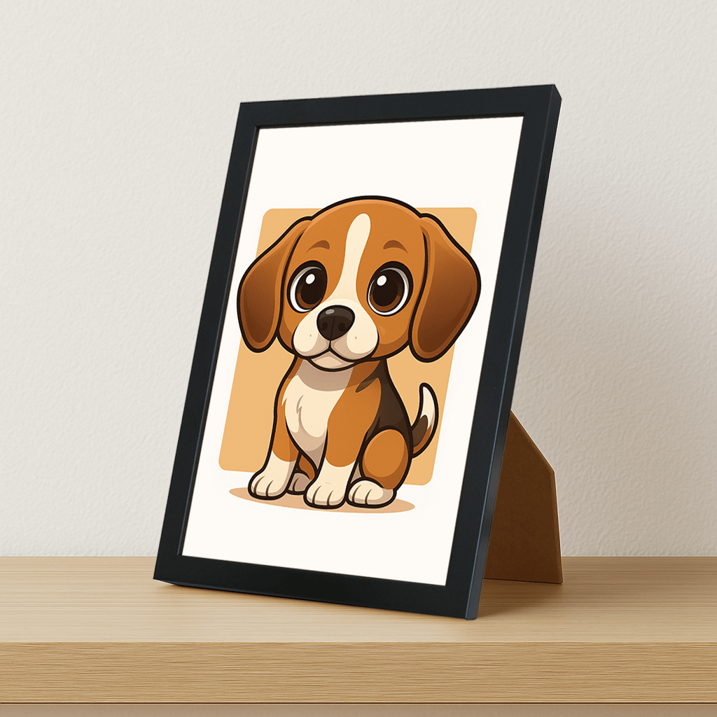 Beagle in stile Chibi stampato su forex, cornice portafoto nero, misura 21x29.7