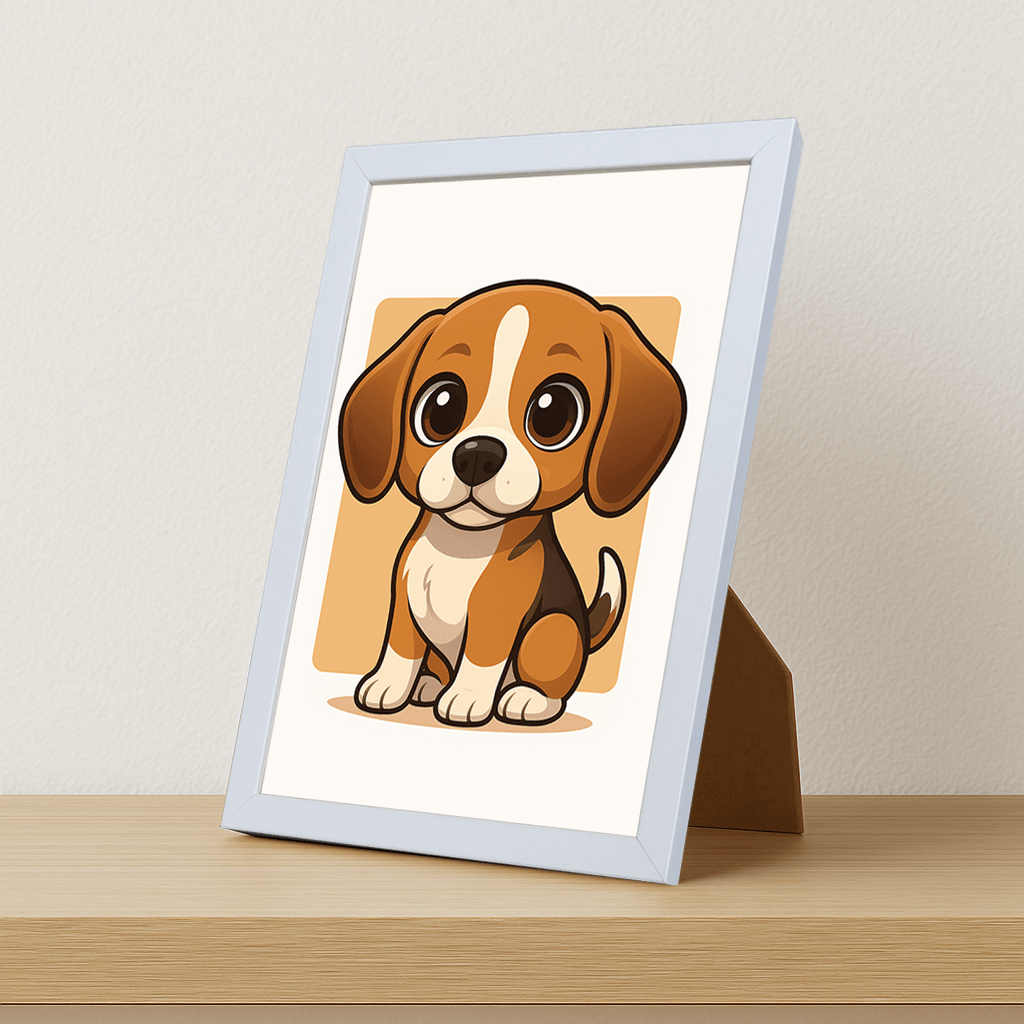 Beagle in stile Chibi stampato su forex, cornice portafoto bianco, misura 21x29.7