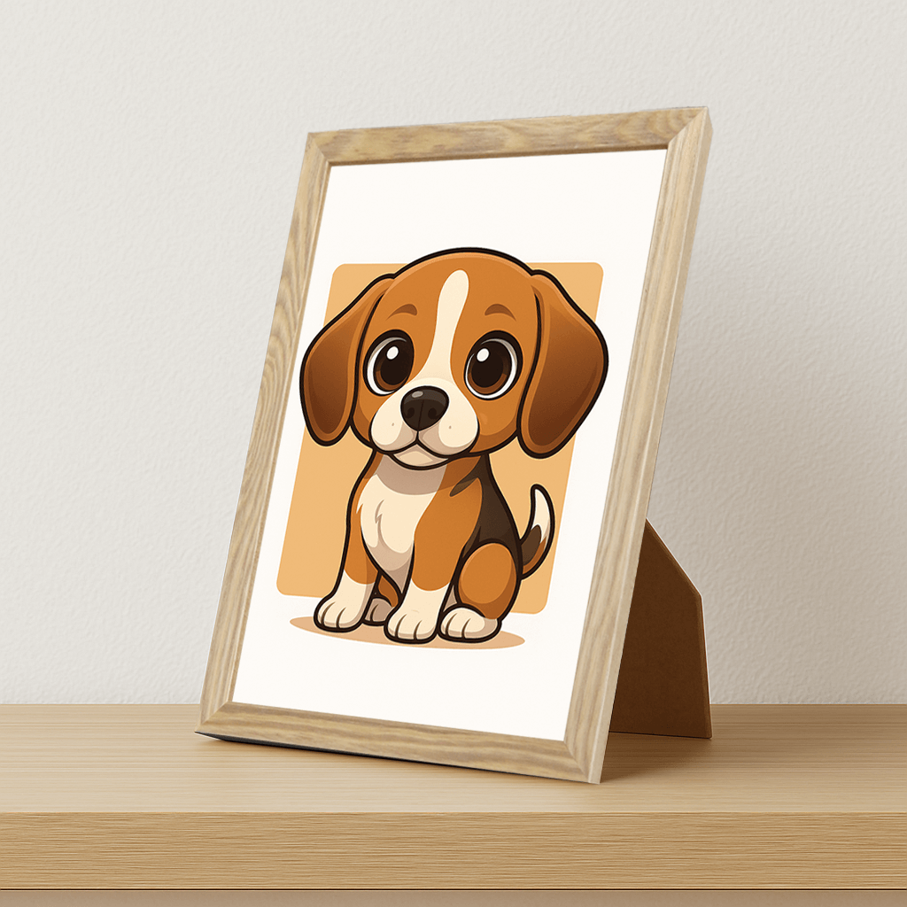 Beagle in stile Chibi stampato su forex, cornice portafoto legno, misura 21x29.7