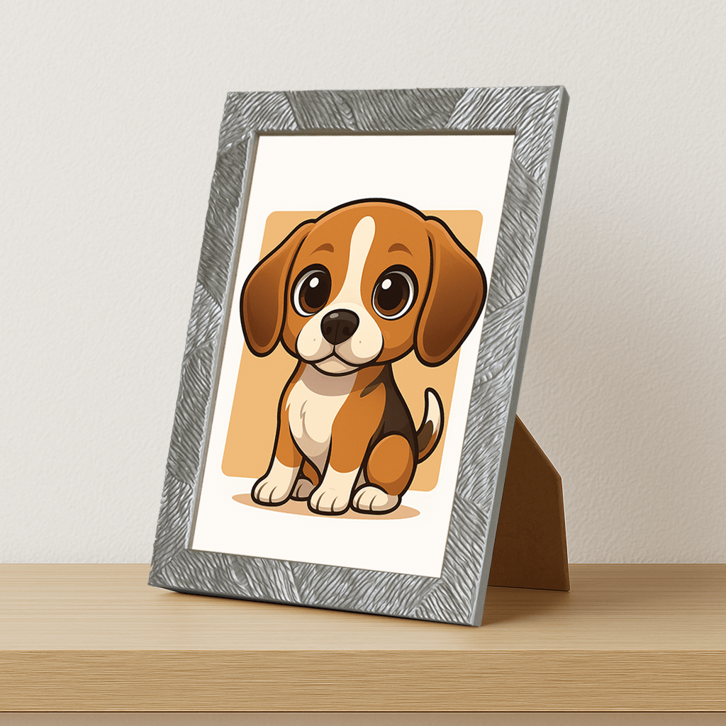 Beagle in stile Chibi stampato su forex, cornice portafoto argento, misura 21x29.7