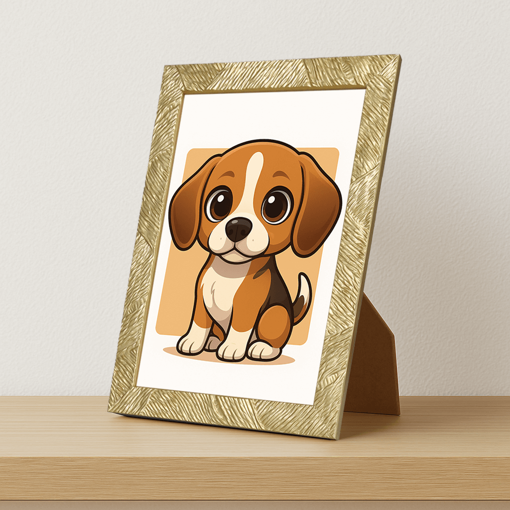 Beagle in stile Chibi stampato su forex, cornice portafoto oro, misura 21x29.7