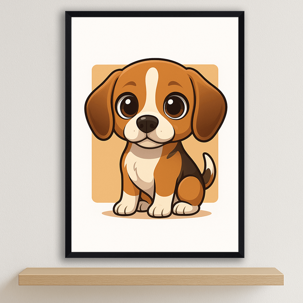 Beagle in stile Chibi stampato su forex, cornice nero, disponibile in 30x40, 40x50 e 50x70 cm