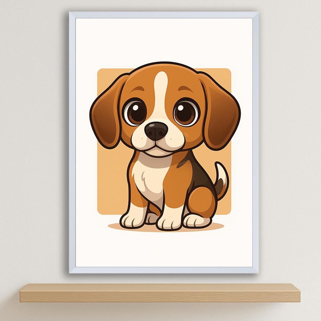 Beagle in stile Chibi stampato su forex, cornice bianco, disponibile in 30x40, 40x50 e 50x70 cm