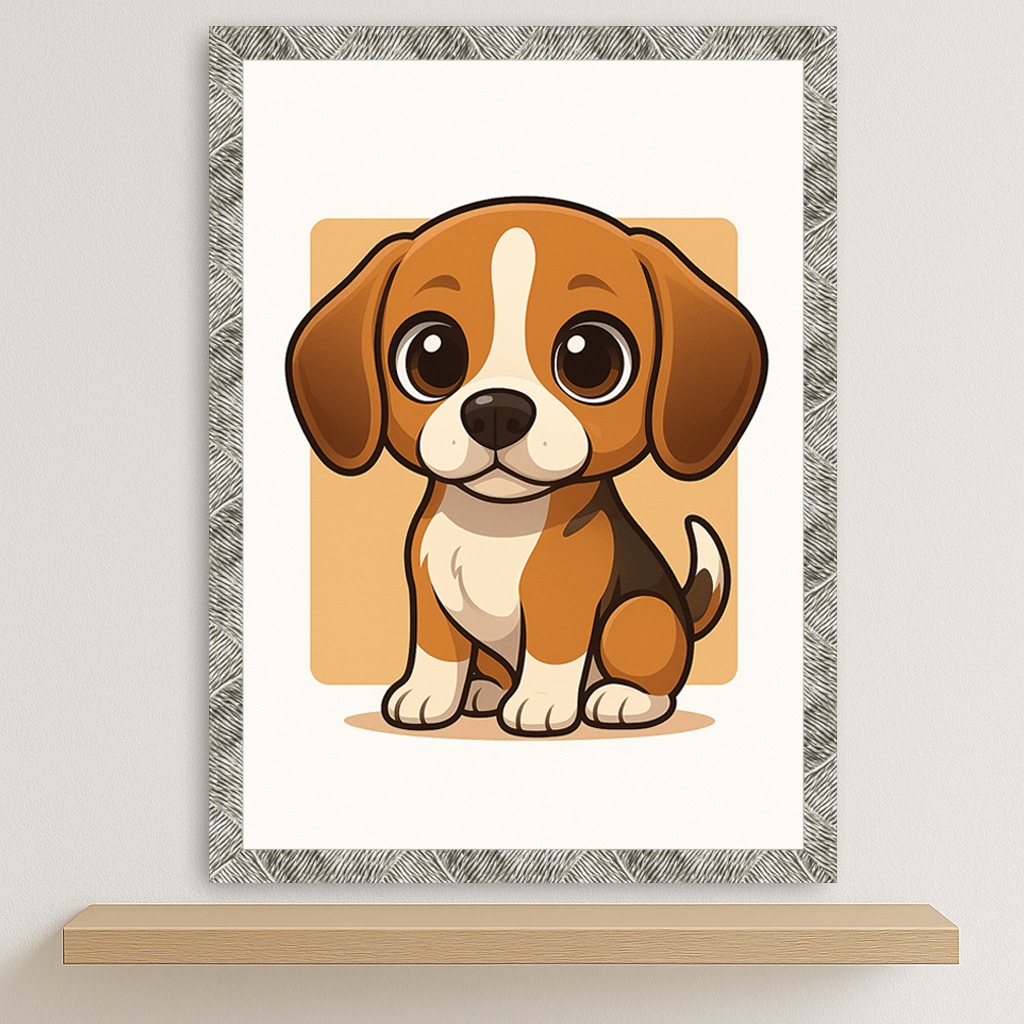 Beagle in stile Chibi stampato su forex, cornice argento, disponibile in 30x40, 40x50 e 50x70 cm