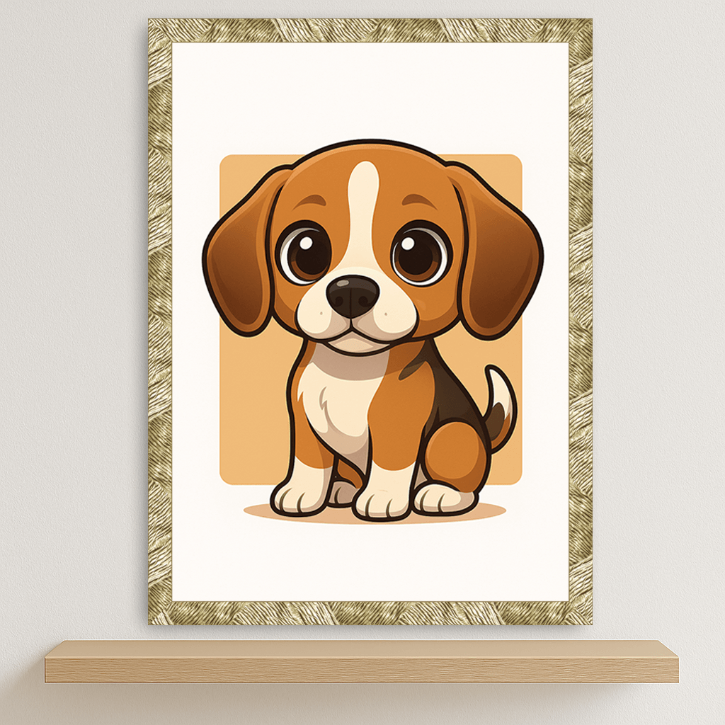 Beagle in stile Chibi stampato su forex, cornice oro, disponibile in 30x40, 40x50 e 50x70 cm