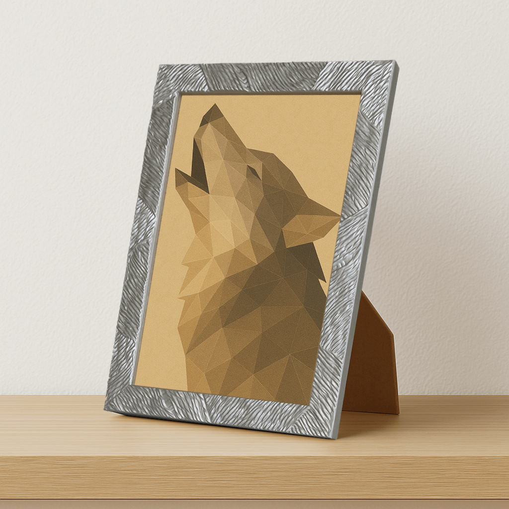Lupo Poly Art stampato su forex, cornice portafoto argento, misura 21x29.7