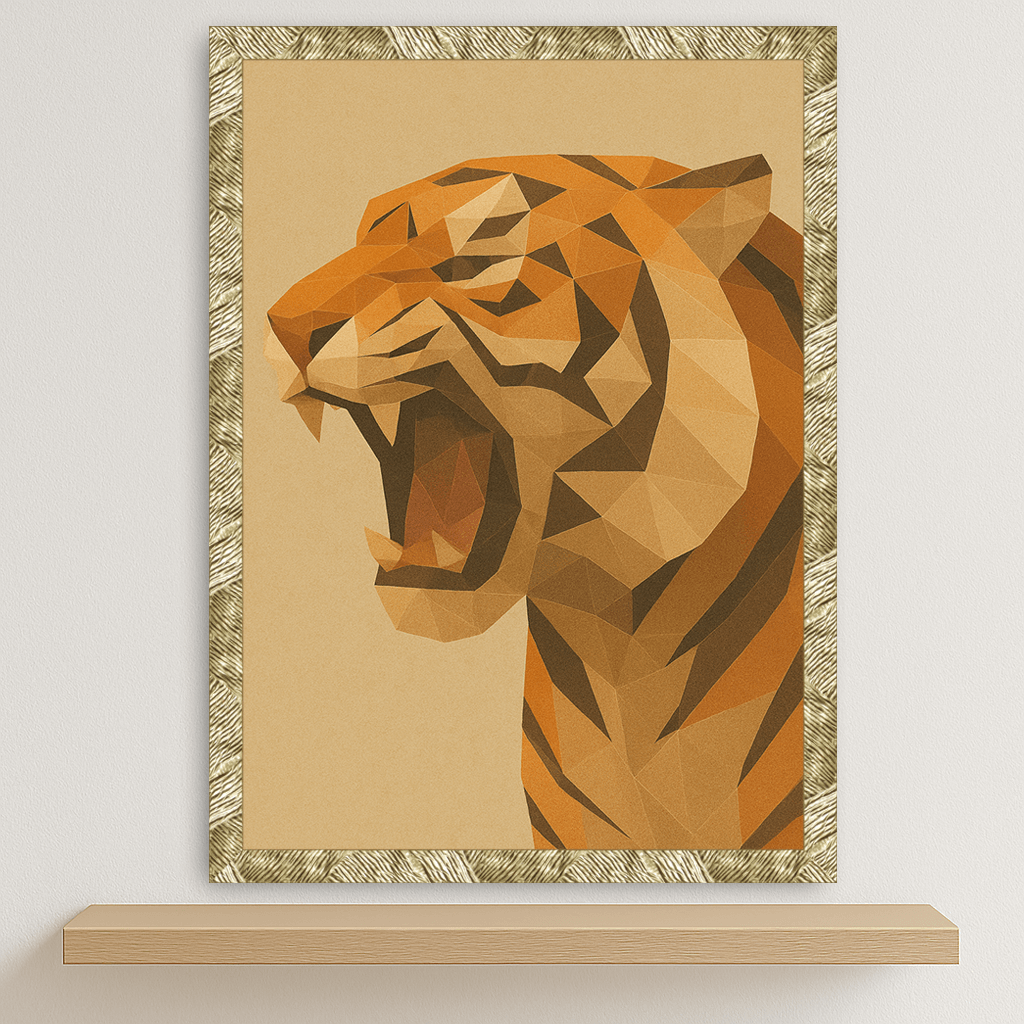 Tigre Poly Art stampato su forex, cornice oro, disponibile in 30x40, 40x50 e 50x70 cm