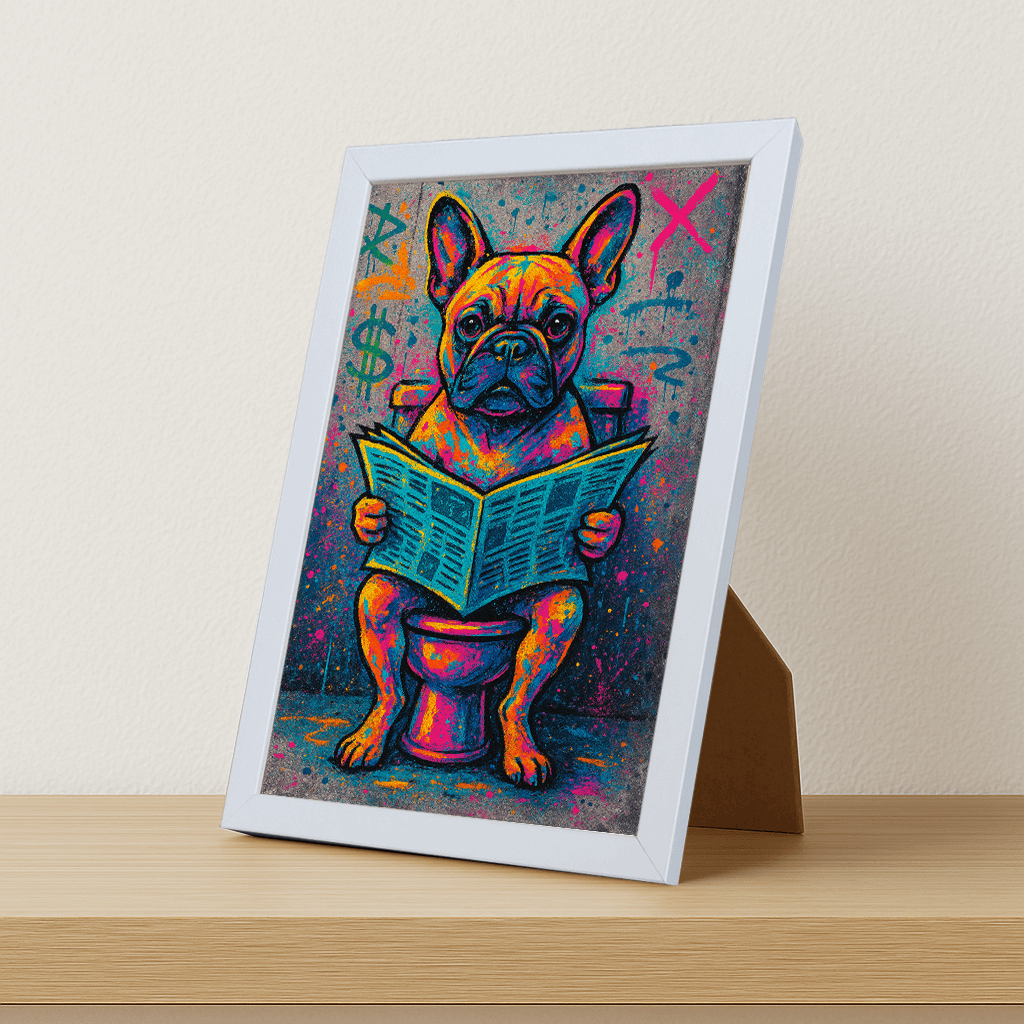 Bulldog Francese Street Art stampato su forex, cornice portafoto bianco, misura 21x29.7