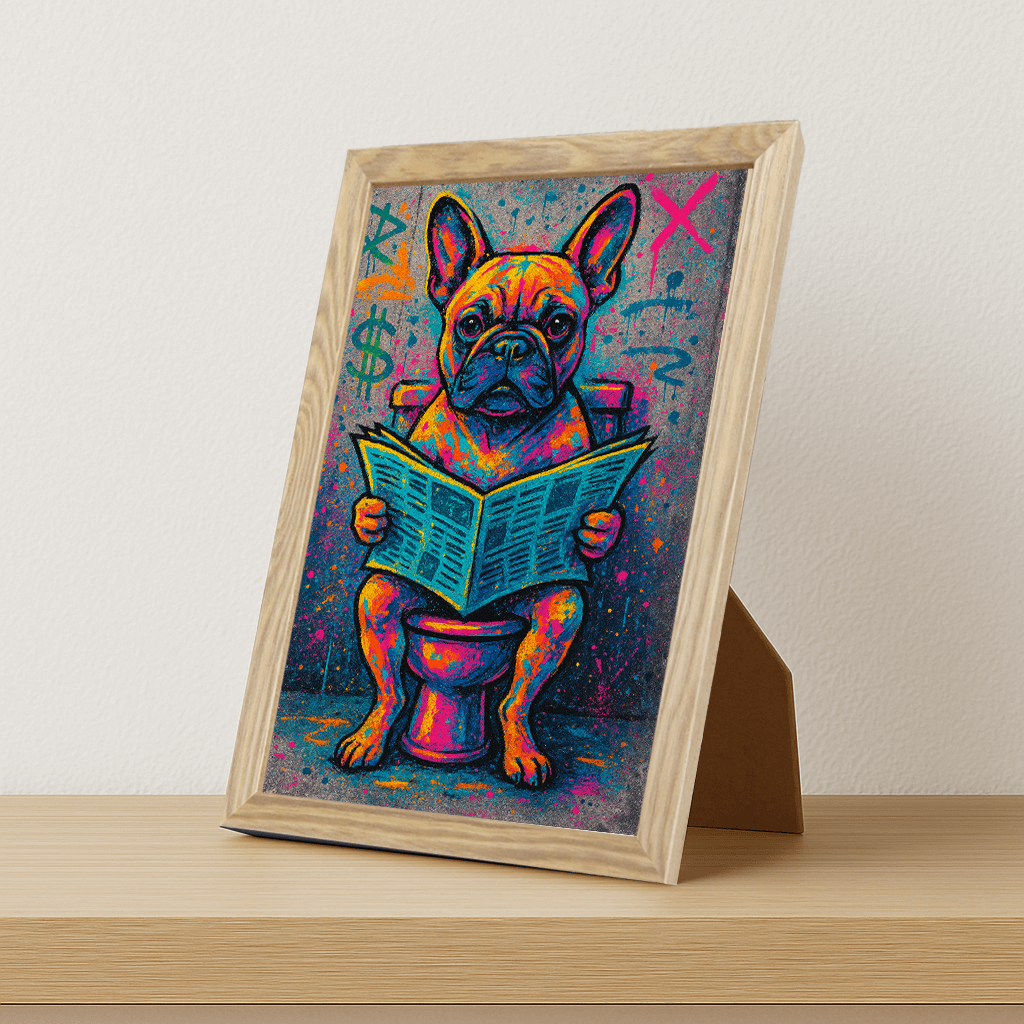 Bulldog Francese Street Art stampato su forex, cornice portafoto legno, misura 21x29.7