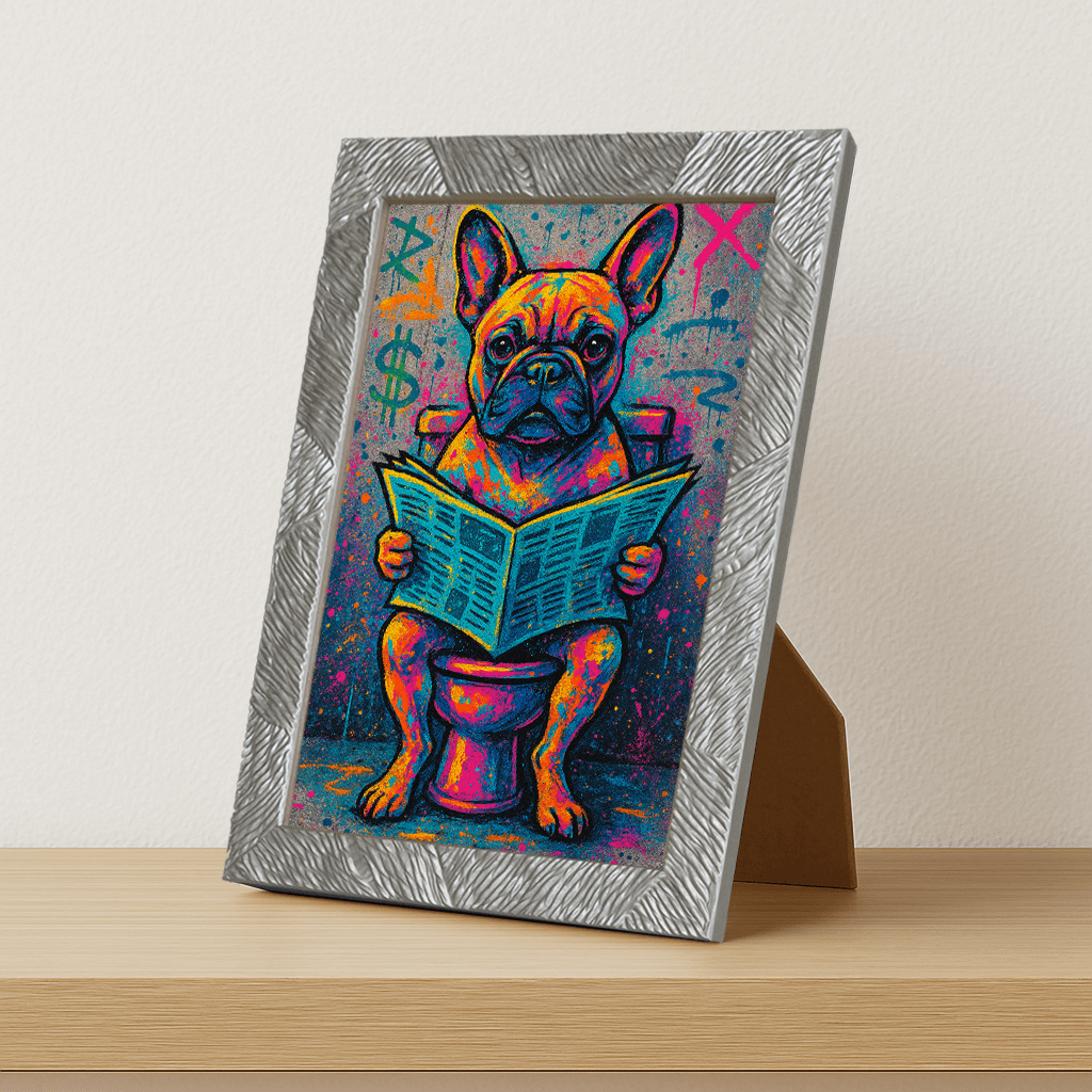 Bulldog Francese Street Art stampato su forex, cornice portafoto argento, misura 21x29.7