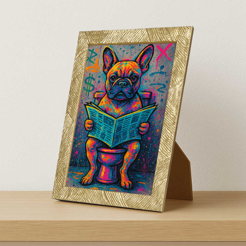 Bulldog Francese Street Art stampato su forex, cornice portafoto oro, misura 21x29.7