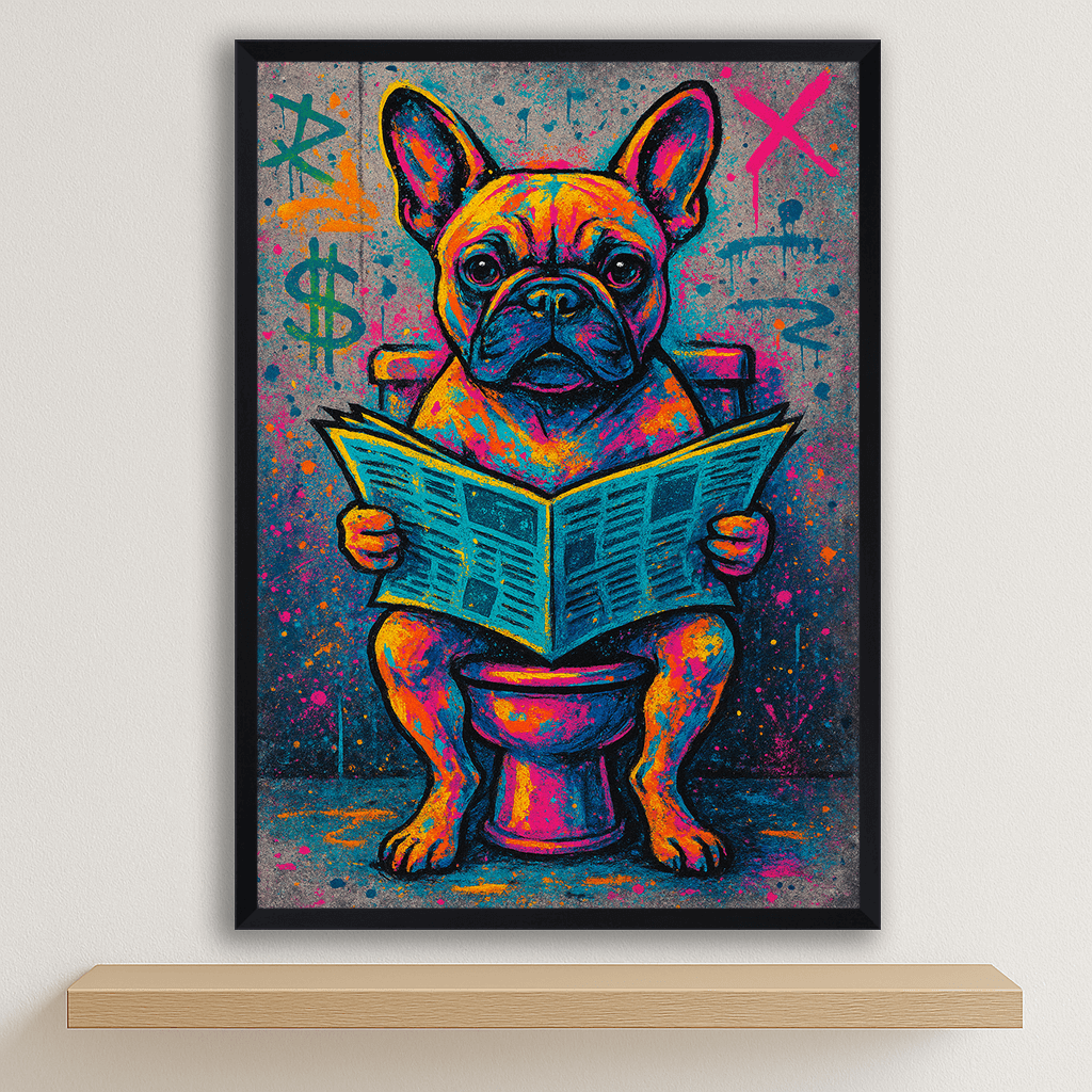 Bulldog Francese Street Art stampato su forex, cornice nero, disponibile in 30x40, 40x50 e 50x70 cm
