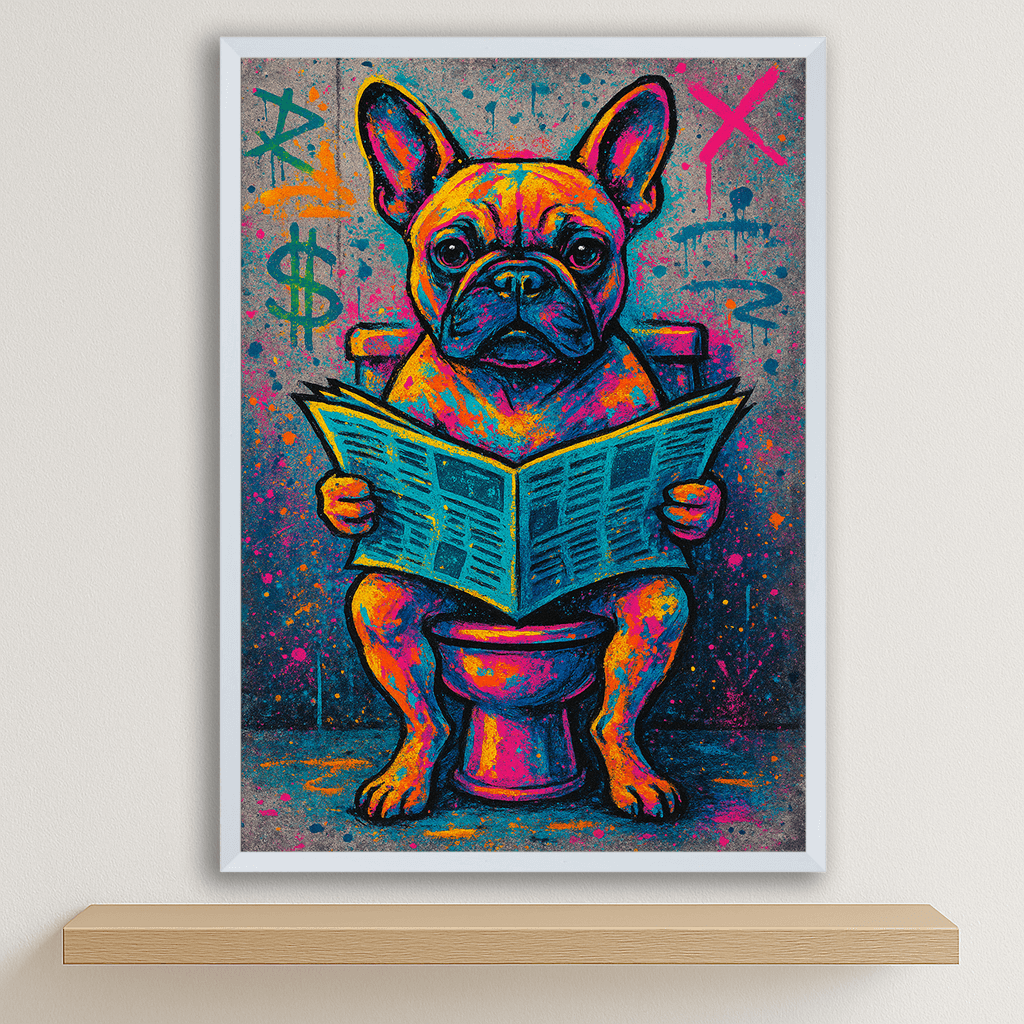 Bulldog Francese Street Art stampato su forex, cornice bianco, disponibile in 30x40, 40x50 e 50x70 cm