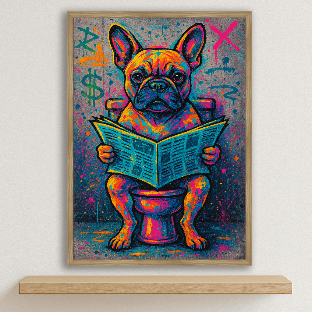 Bulldog Francese Street Art stampato su forex, cornice legno, disponibile in 30x40, 40x50 e 50x70 cm